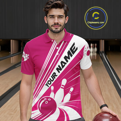 Custom White And Pink Classic Retro Bowling Team Men Polo Shirt, Bowling League Shirt IPHW12069