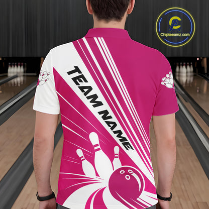 Custom White And Pink Classic Retro Bowling Team Men Polo Shirt, Bowling League Shirt IPHW12069