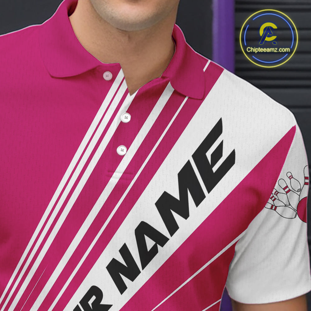 Custom White And Pink Classic Retro Bowling Team Men Polo Shirt, Bowling League Shirt IPHW12069