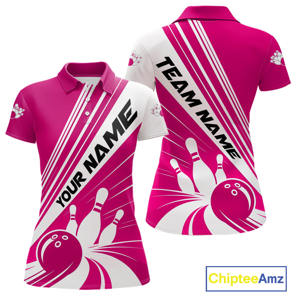 Custom White And Pink Classic Retro Bowling Team Women Polo Shirt, Bowling League Shirt IPHW12069