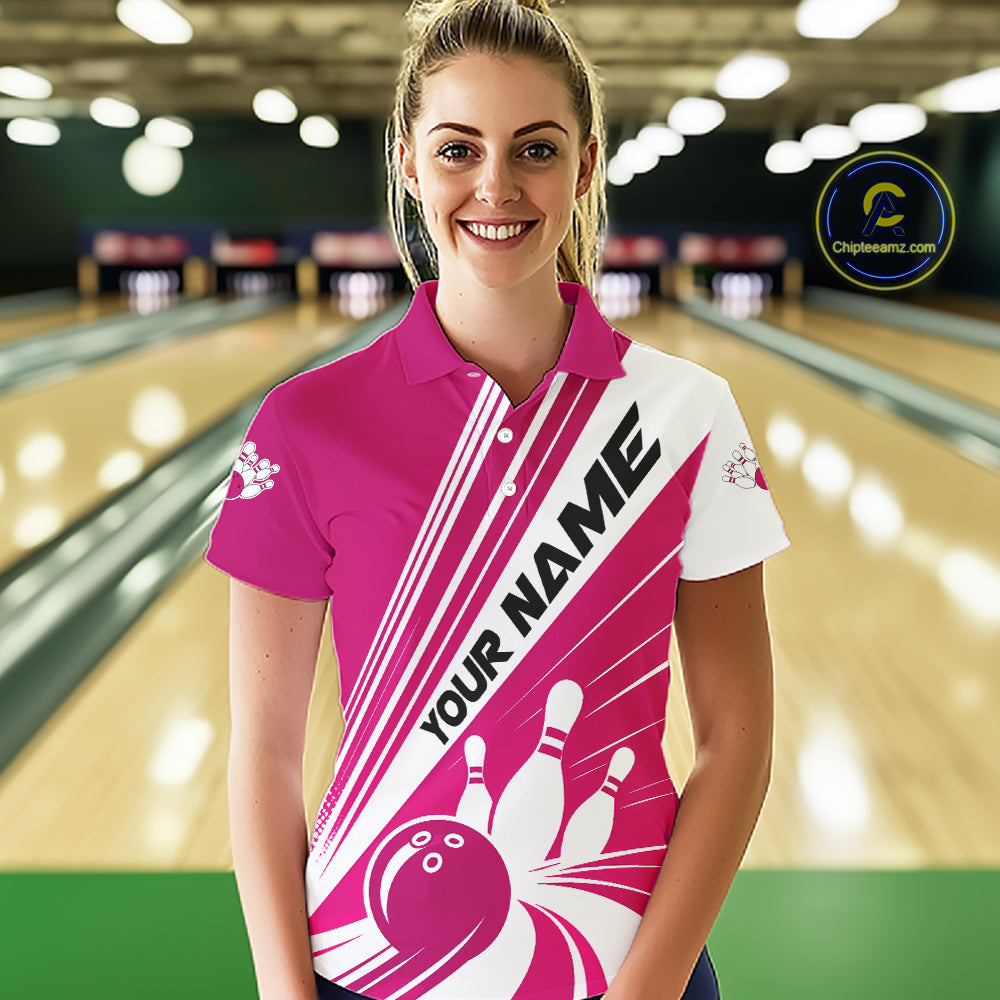 Custom White And Pink Classic Retro Bowling Team Women Polo Shirt, Bowling League Shirt IPHW12069
