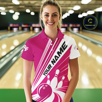 Custom White And Pink Classic Retro Bowling Team Women Polo Shirt, Bowling League Shirt IPHW12069