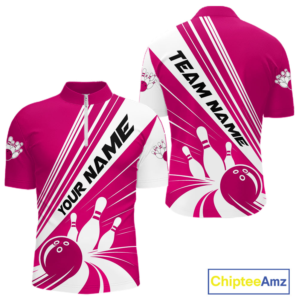 Custom White And Pink Classic Retro Bowling Team Men Quarter Zip Shirt, Bowling League Shirt IPHW12069