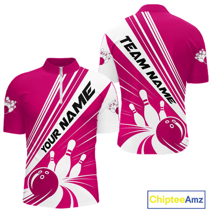 Custom White And Pink Classic Retro Bowling Team Men Quarter Zip Shirt, Bowling League Shirt IPHW12069
