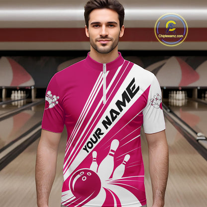 Custom White And Pink Classic Retro Bowling Team Men Quarter Zip Shirt, Bowling League Shirt IPHW12069