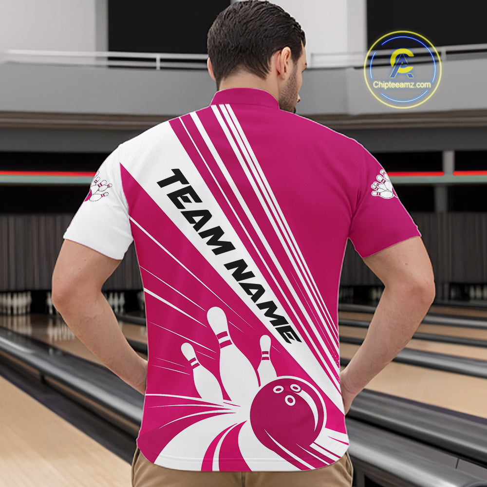 Custom White And Pink Classic Retro Bowling Team Men Quarter Zip Shirt, Bowling League Shirt IPHW12069