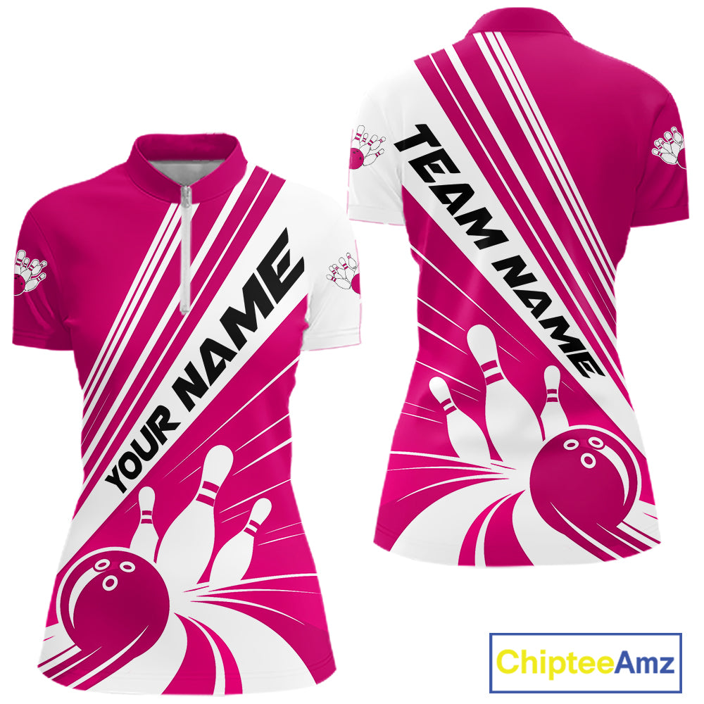 Custom Pink Classic Retro Bowling Team Women Quarter-Zip Shirt, Bowling League Shirt IPHW12069