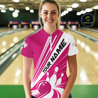 Custom Pink Classic Retro Bowling Team Women Quarter-Zip Shirt, Bowling League Shirt IPHW12069
