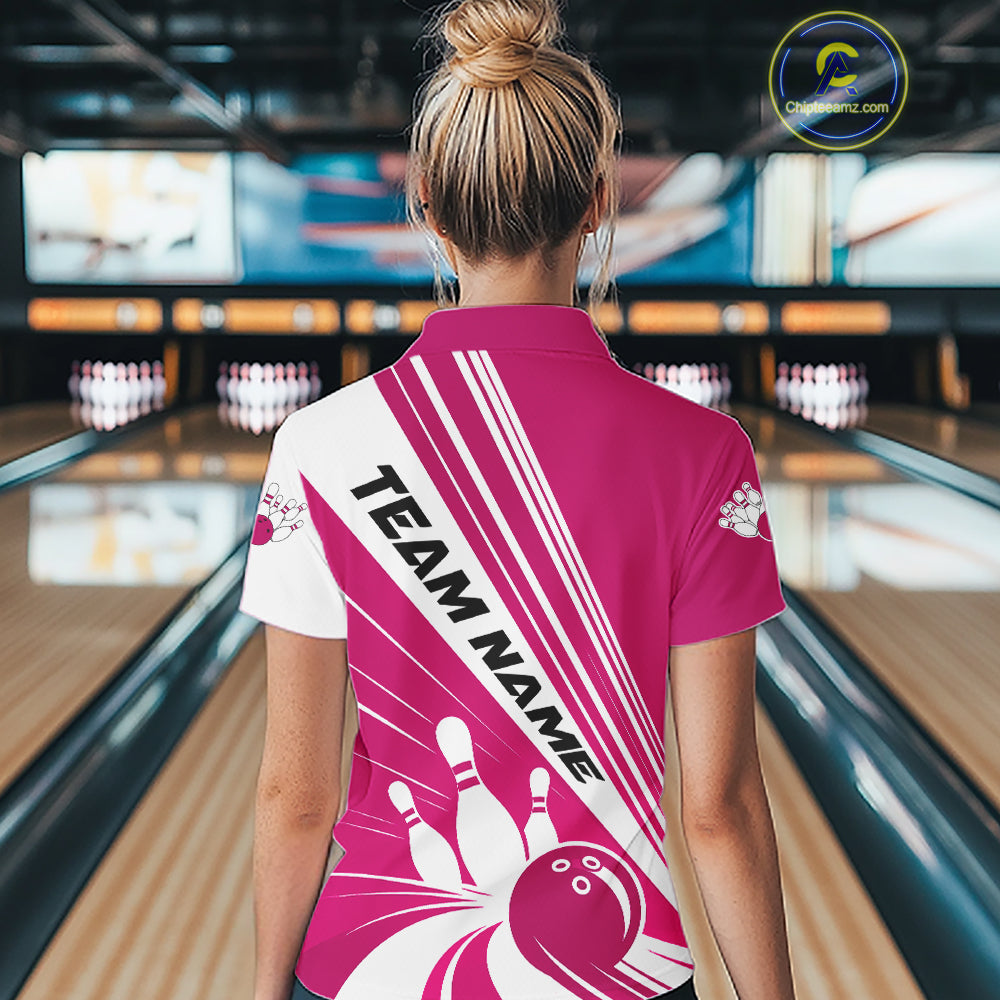 Custom Pink Classic Retro Bowling Team Women Quarter-Zip Shirt, Bowling League Shirt IPHW12069