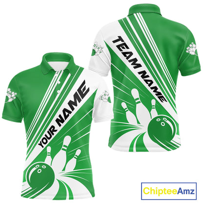 Custom White And Green Classic Retro Bowling Team Men Polo Shirt, Bowling League Shirt IPHW12070