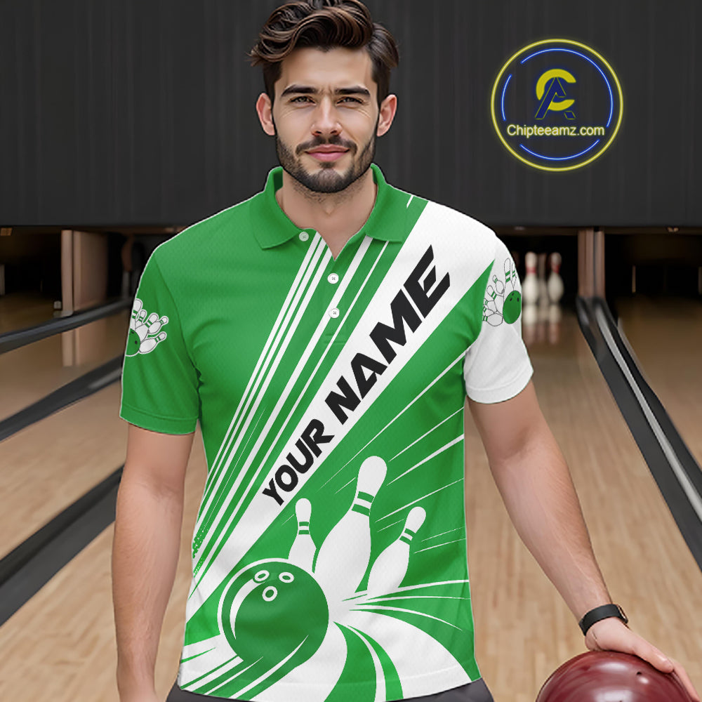 Custom White And Green Classic Retro Bowling Team Men Polo Shirt, Bowling League Shirt IPHW12070