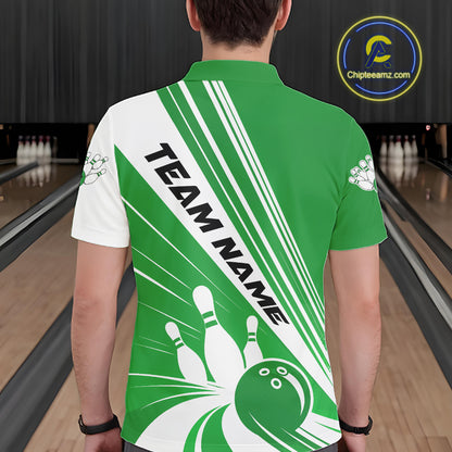 Custom White And Green Classic Retro Bowling Team Men Polo Shirt, Bowling League Shirt IPHW12070