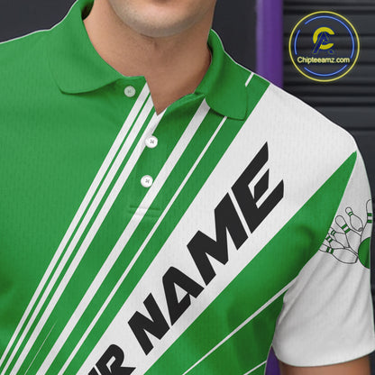 Custom White And Green Classic Retro Bowling Team Men Polo Shirt, Bowling League Shirt IPHW12070