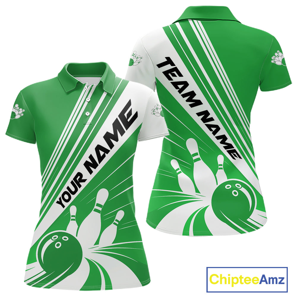 Custom White And Green Classic Retro Bowling Team Women Polo Shirt, Bowling League Shirt IPHW12070