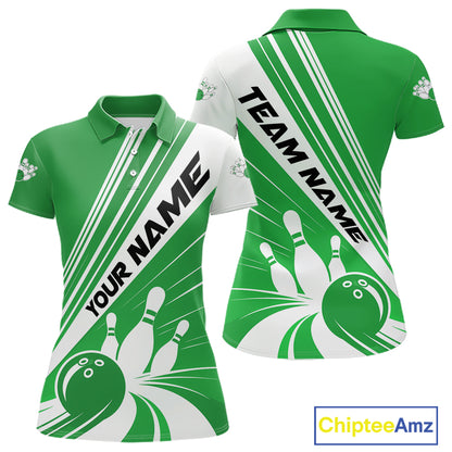 Custom White And Green Classic Retro Bowling Team Women Polo Shirt, Bowling League Shirt IPHW12070