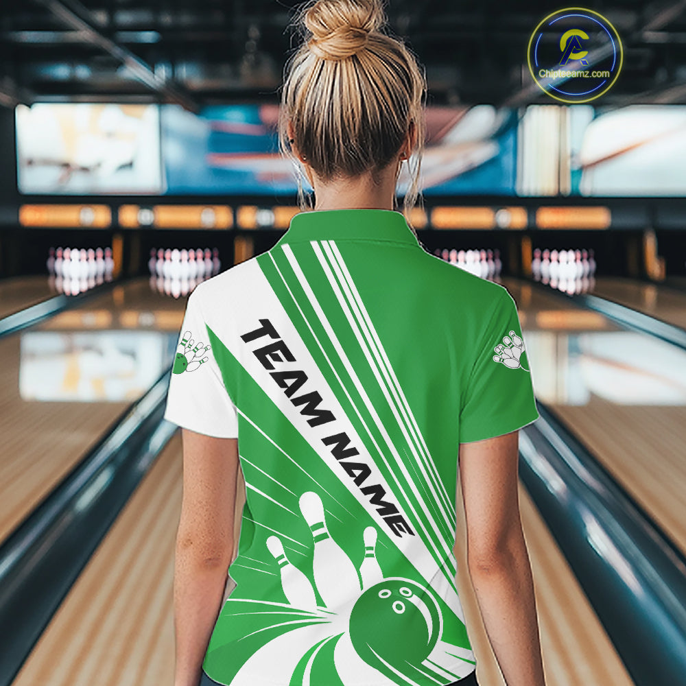 Custom White And Green Classic Retro Bowling Team Women Polo Shirt, Bowling League Shirt IPHW12070