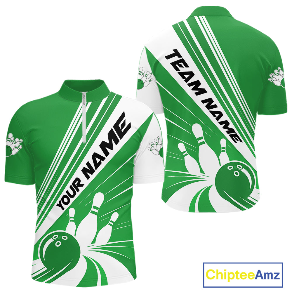 Custom White And Green Classic Retro Bowling Team Men Quarter Zip Shirt, Bowling League Shirt IPHW12070