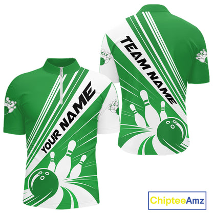Custom White And Green Classic Retro Bowling Team Men Quarter Zip Shirt, Bowling League Shirt IPHW12070