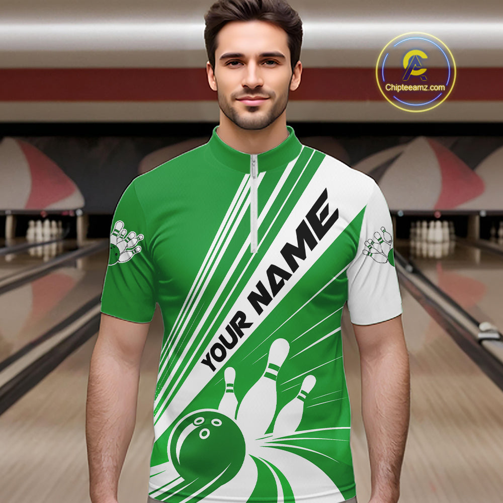Custom White And Green Classic Retro Bowling Team Men Quarter Zip Shirt, Bowling League Shirt IPHW12070