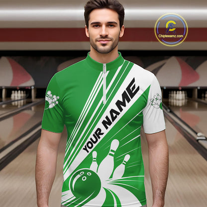 Custom White And Green Classic Retro Bowling Team Men Quarter Zip Shirt, Bowling League Shirt IPHW12070