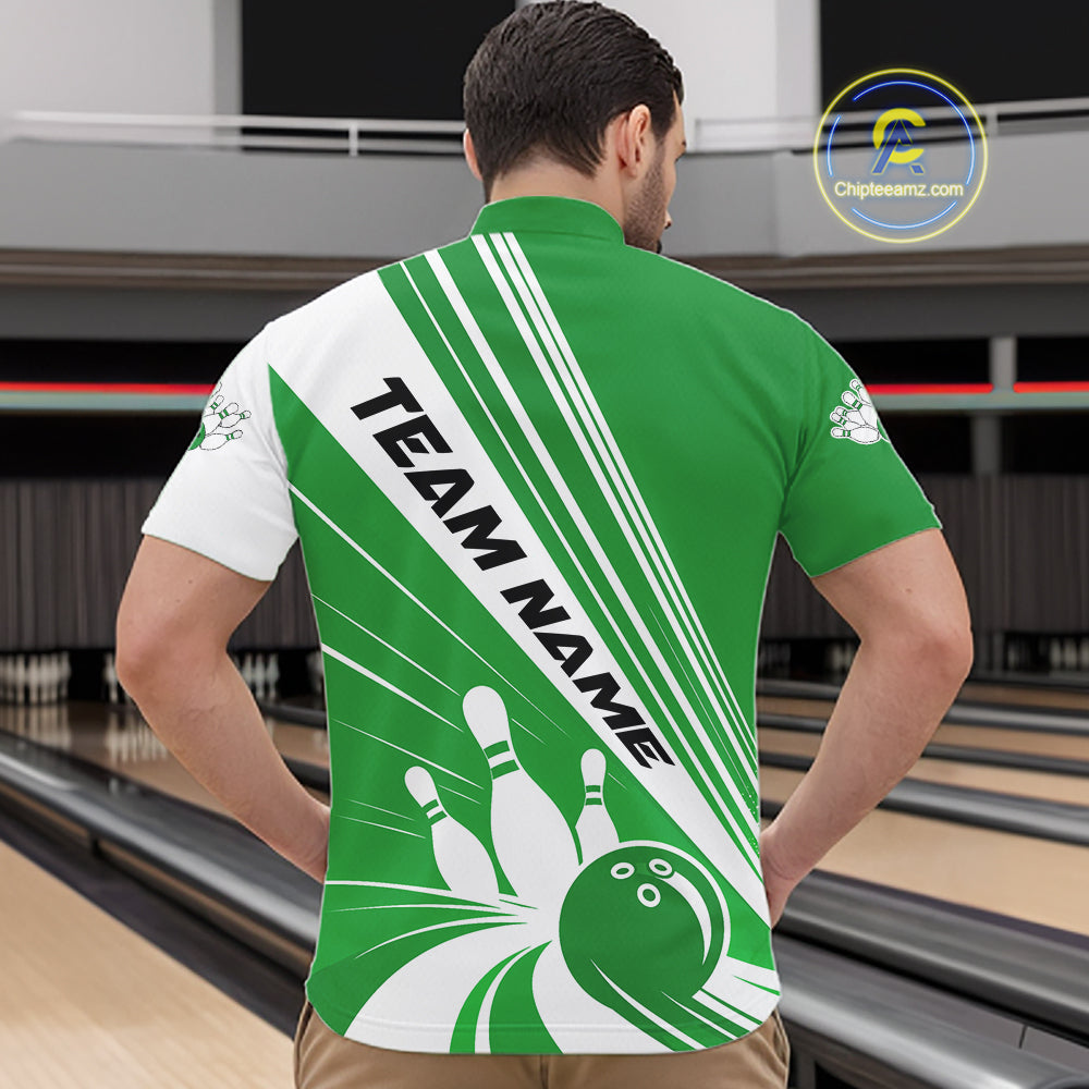 Custom White And Green Classic Retro Bowling Team Men Quarter Zip Shirt, Bowling League Shirt IPHW12070