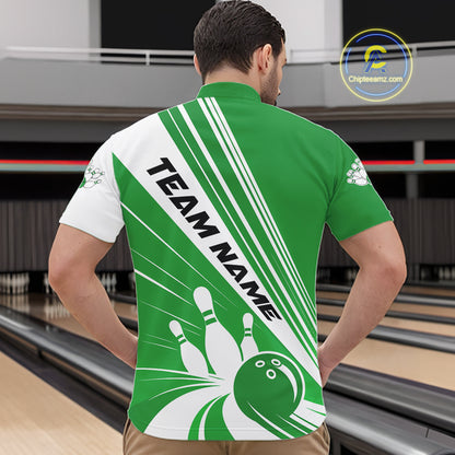 Custom White And Green Classic Retro Bowling Team Men Quarter Zip Shirt, Bowling League Shirt IPHW12070