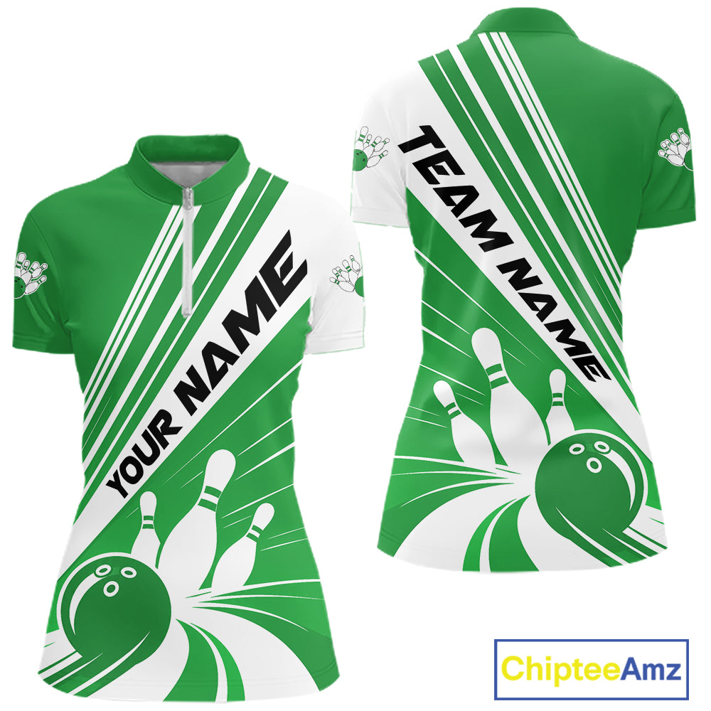 Custom Green Classic Retro Bowling Team Women Quarter-Zip Shirt, Bowling League Shirt IPHW12070