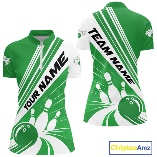 Custom Green Classic Retro Bowling Team Women Quarter-Zip Shirt, Bowling League Shirt IPHW12070