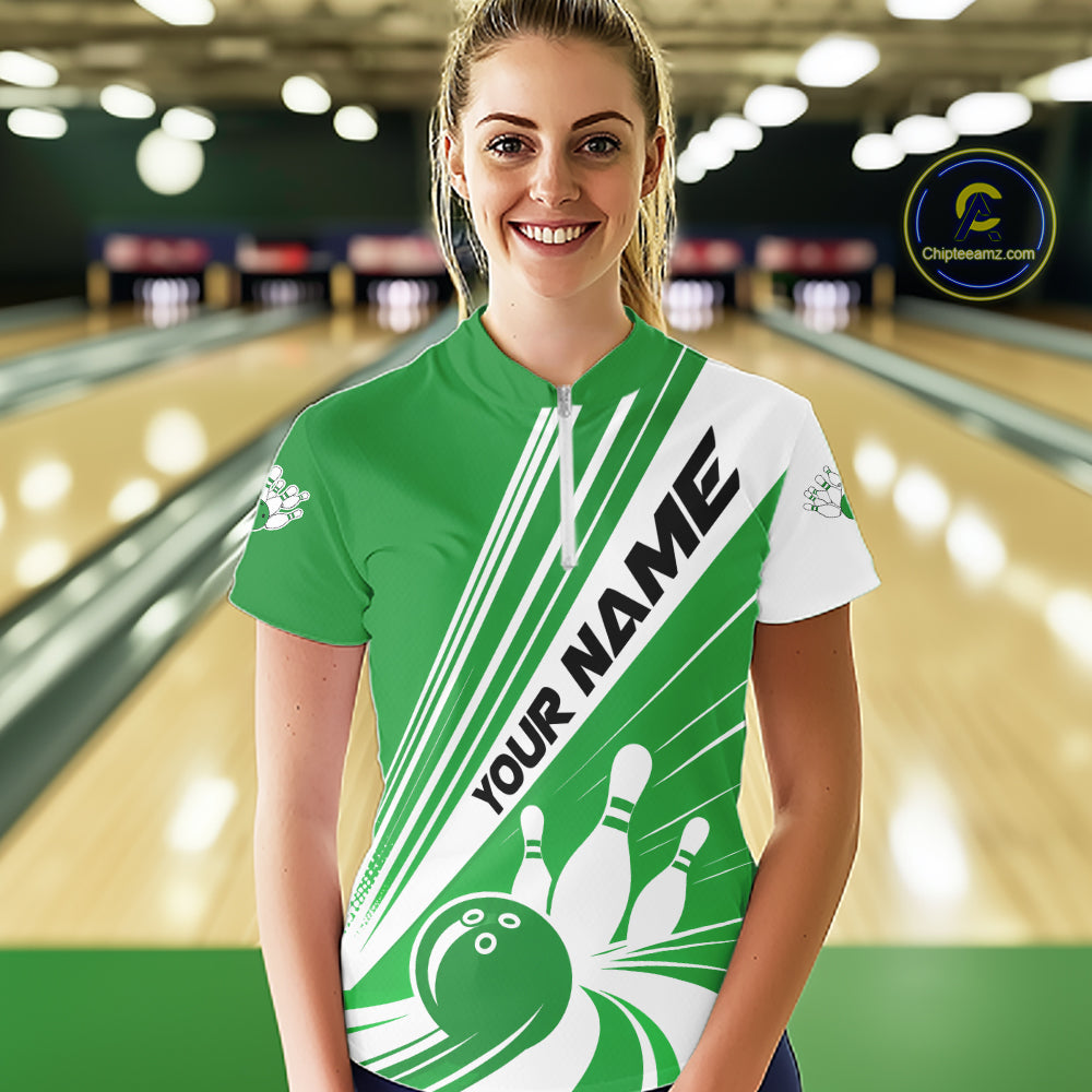 Custom Green Classic Retro Bowling Team Women Quarter-Zip Shirt, Bowling League Shirt IPHW12070