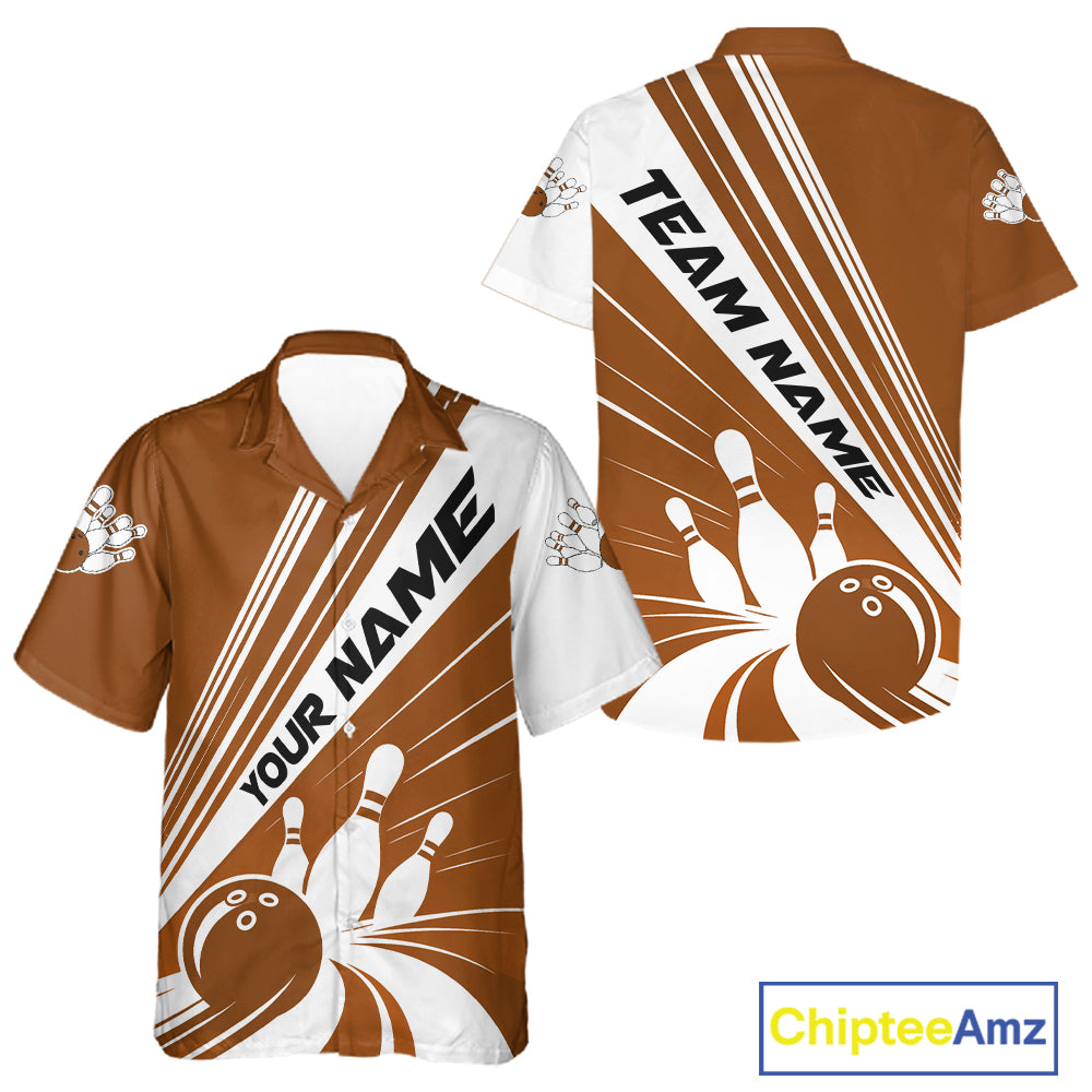 Custom White And Brown Classic Retro Bowling Team Men And Women Button Up Shirt, Bowling League Shirt IPHW12071