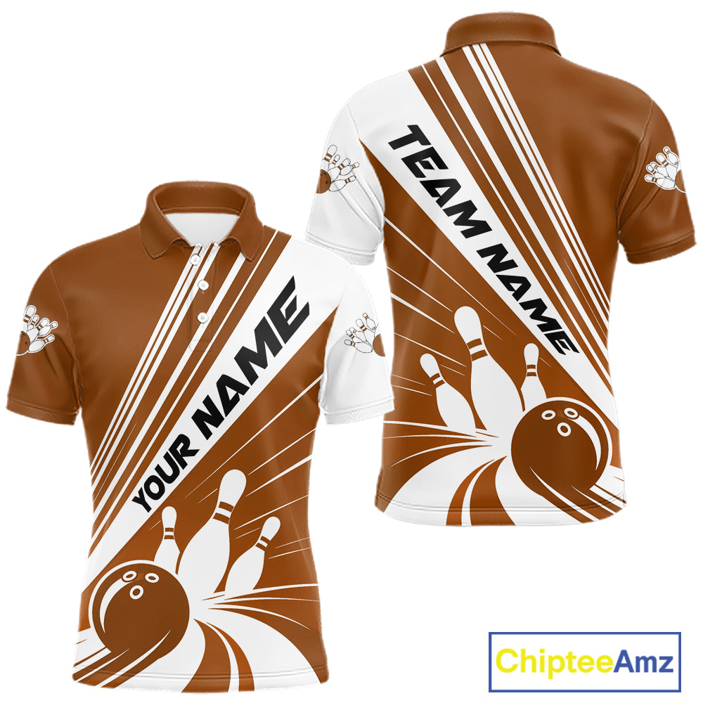 Custom White And Brown Classic Retro Bowling Team Men Polo Shirt, Bowling League Shirt IPHW12071