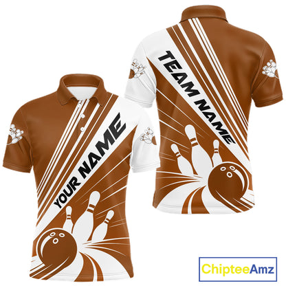 Custom White And Brown Classic Retro Bowling Team Men Polo Shirt, Bowling League Shirt IPHW12071