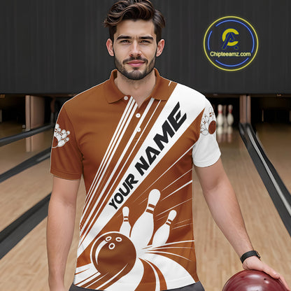 Custom White And Brown Classic Retro Bowling Team Men Polo Shirt, Bowling League Shirt IPHW12071