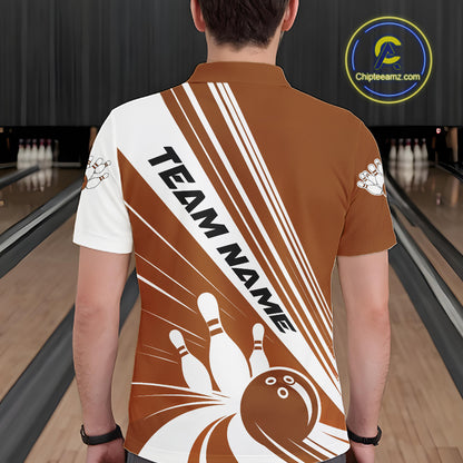 Custom White And Brown Classic Retro Bowling Team Men Polo Shirt, Bowling League Shirt IPHW12071