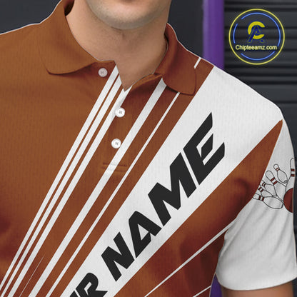 Custom White And Brown Classic Retro Bowling Team Men Polo Shirt, Bowling League Shirt IPHW12071