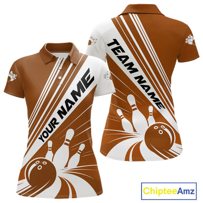 Custom White And Brown Classic Retro Bowling Team Women Polo Shirt, Bowling League Shirt IPHW12071