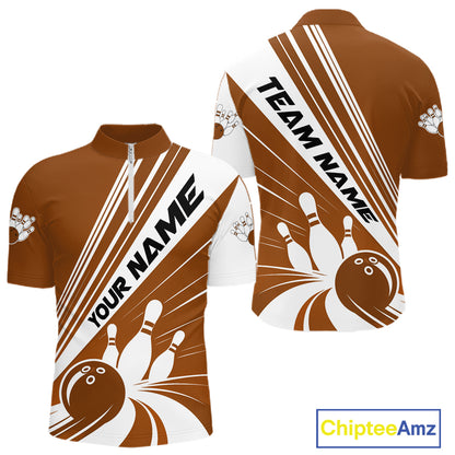 Custom White And Brown Classic Retro Bowling Team Men Quarter Zip Shirt, Bowling League Shirt IPHW12071