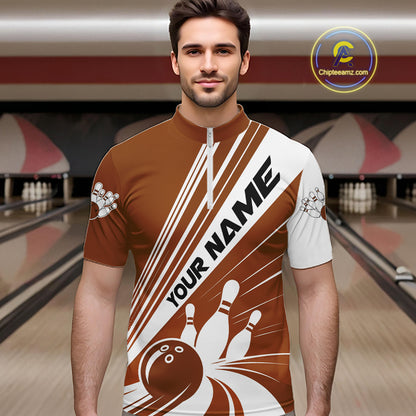 Custom White And Brown Classic Retro Bowling Team Men Quarter Zip Shirt, Bowling League Shirt IPHW12071