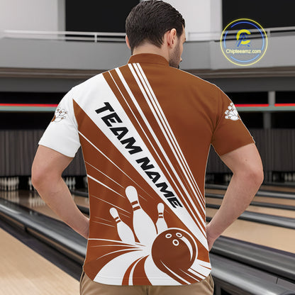 Custom White And Brown Classic Retro Bowling Team Men Quarter Zip Shirt, Bowling League Shirt IPHW12071