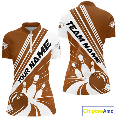 Custom Brown Classic Retro Bowling Team Women Quarter-Zip Shirt, Bowling League Shirt IPHW12071