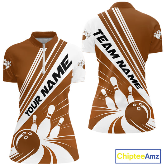 Custom Brown Classic Retro Bowling Team Women Quarter-Zip Shirt, Bowling League Shirt IPHW12071