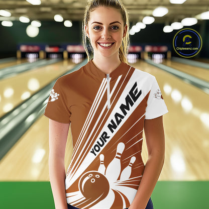Custom Brown Classic Retro Bowling Team Women Quarter-Zip Shirt, Bowling League Shirt IPHW12071