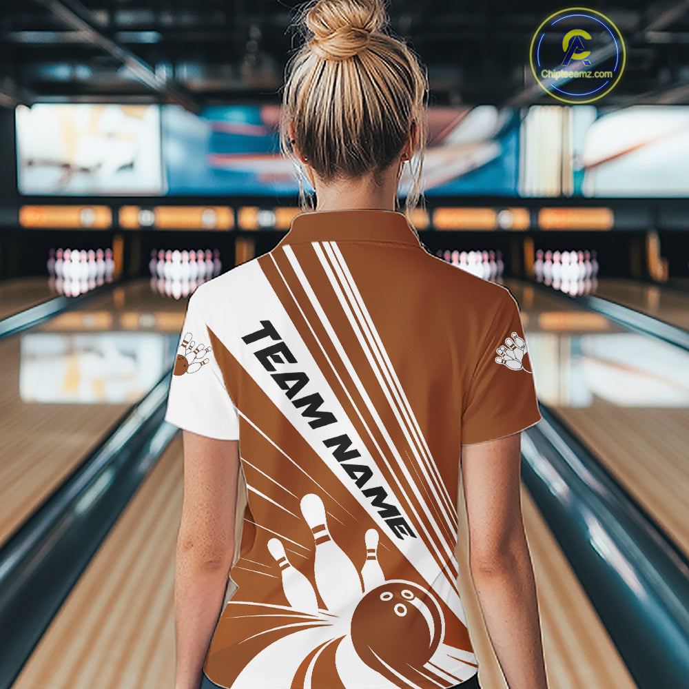 Custom Brown Classic Retro Bowling Team Women Quarter-Zip Shirt, Bowling League Shirt IPHW12071