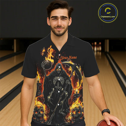 Grim Reaper Custom Flame Bowling Men And Women Hawaiian Shirt, Black And Fiery Halloween Bowling Outfit IPHW7631