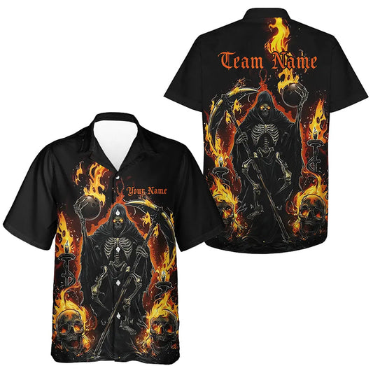 Grim Reaper Custom Flame Bowling Men And Women Hawaiian Shirt, Black And Fiery Halloween Bowling Outfit IPHW7631
