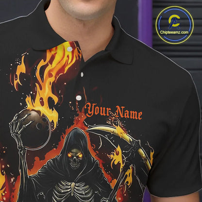 Grim Reaper Custom Flame Bowling Shirts For Men, Black And Fiery Halloween Bowling Outfits IPHW7631