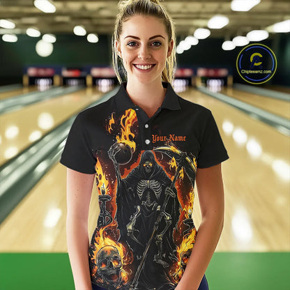 Grim Reaper Custom Flame Ladies Bowling Shirts, Black And Fiery Halloween Bowling Outfits IPHW7631