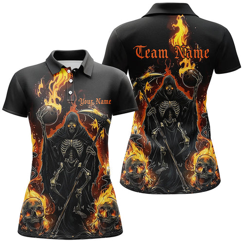 Grim Reaper Custom Flame Ladies Bowling Shirts, Black And Fiery Halloween Bowling Outfits IPHW7631