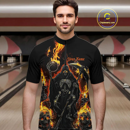 Grim Reaper Custom Flame Bowling Shirts For Men, Black And Fiery Halloween Bowling Outfits IPHW7631