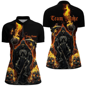 Grim Reaper Custom Flame Ladies Bowling Shirts, Black And Fiery Halloween Bowling Outfits IPHW7631